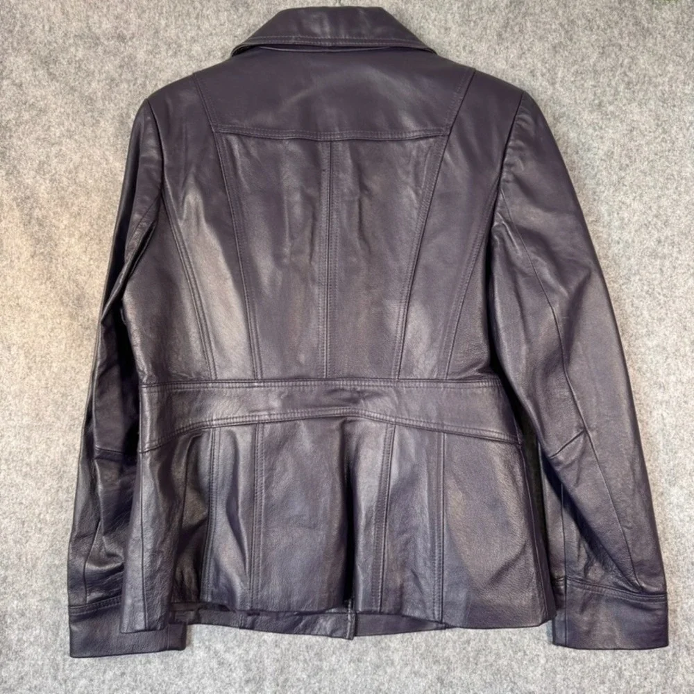 Vtg 90s Leather Blazer Jacket Womens Medium Purple Button Fitted Preppy Academia